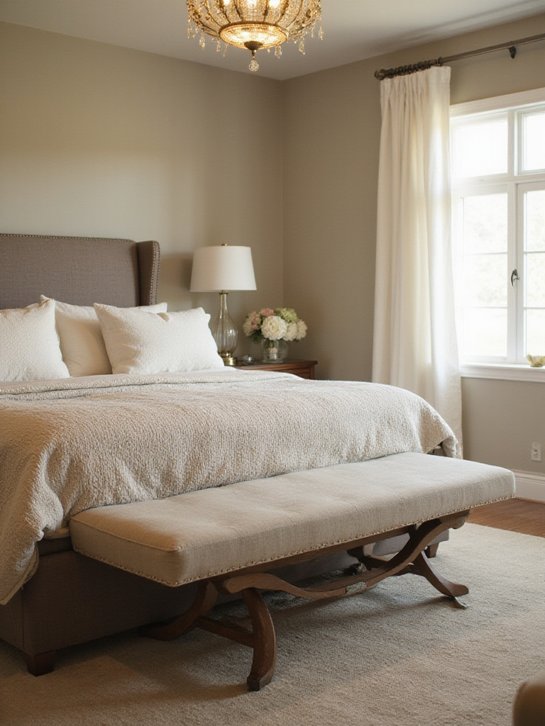 A stylish upholstered bench placed at the foot of a beautifully made bed in a serene bedroom, illustrating functional decor.