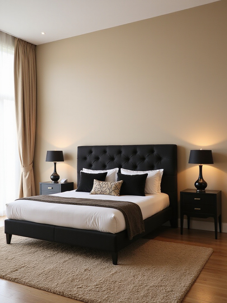 Beige bedroom with black headboard, nightstands, and throw pillows.