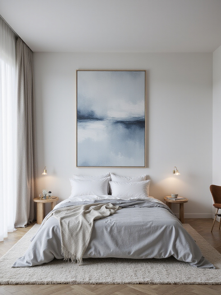 A modern bedroom featuring a large, calming abstract painting in blues and grays hung above the bed, contributing to a serene aesthetic.