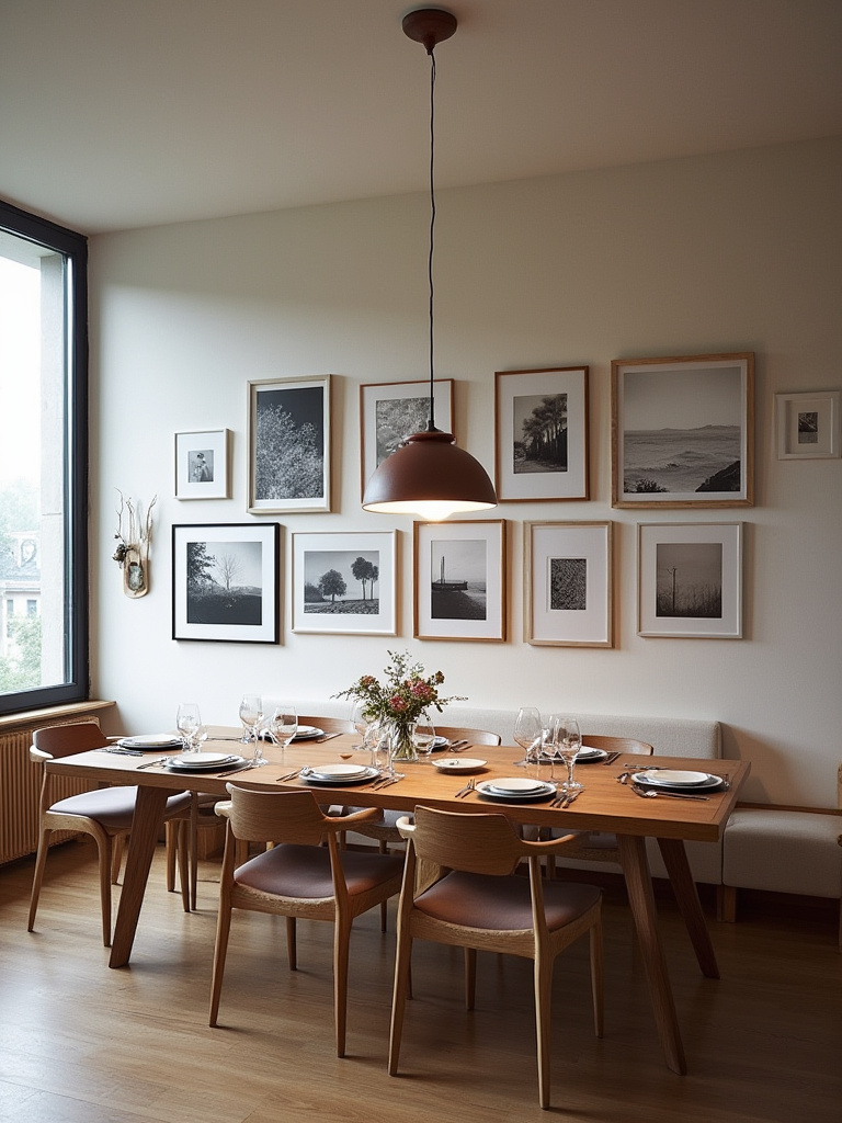 Modern dining room with gallery wall featuring abstract art and photography.