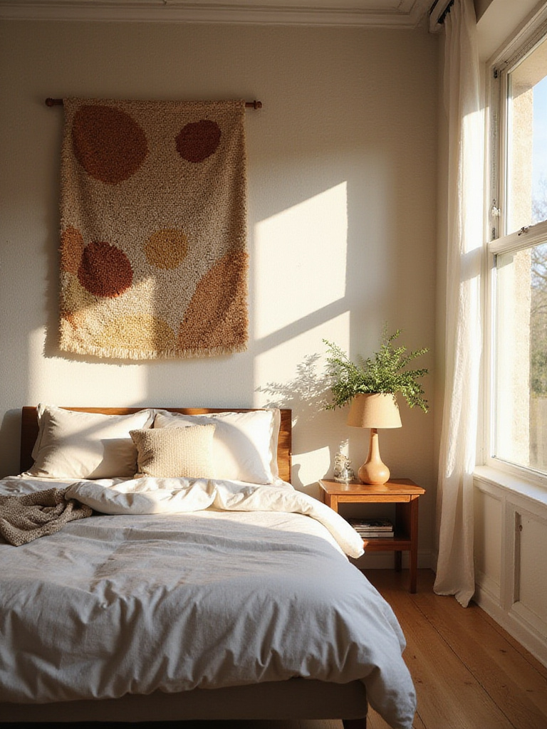 A cozy bedroom featuring a large, textured woven tapestry hanging above the bed, adding warmth and visual interest to the wall. The scene includes a made bed, nightstand, lamp, and plant under soft natural light.