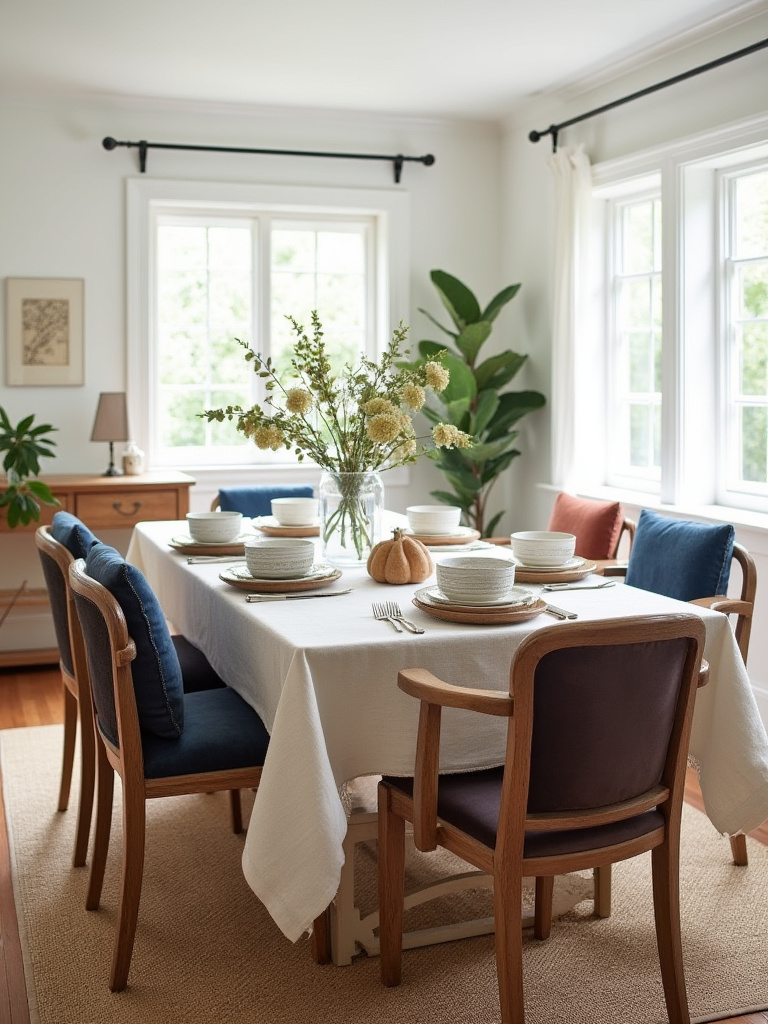 Dining room featuring linen tablecloth, velvet cushions, and sisal rug to add texture and visual interest.