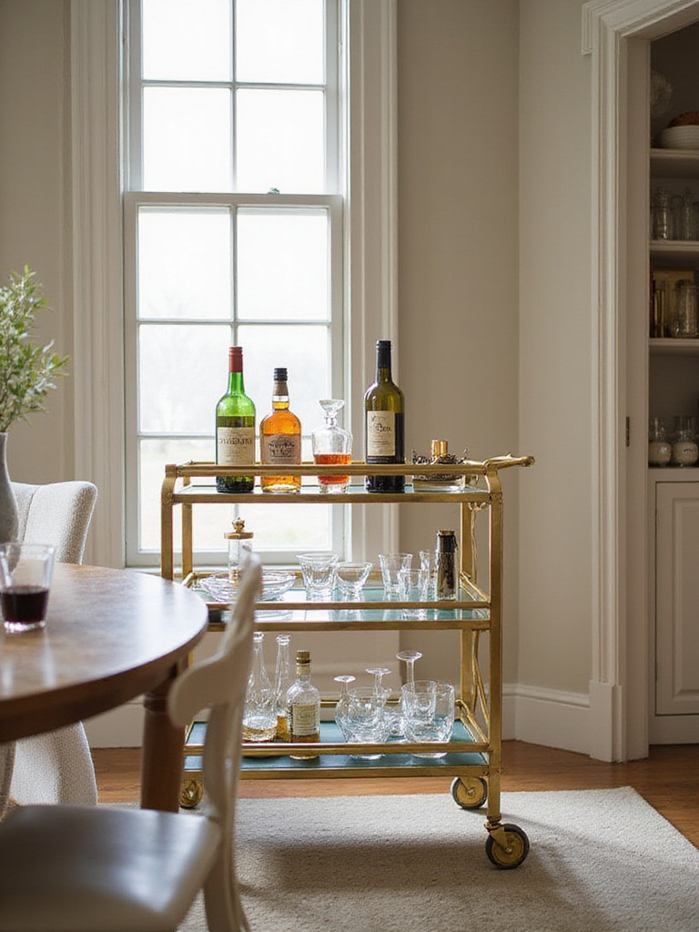 Stylish gold and glass bar cart in a modern dining room