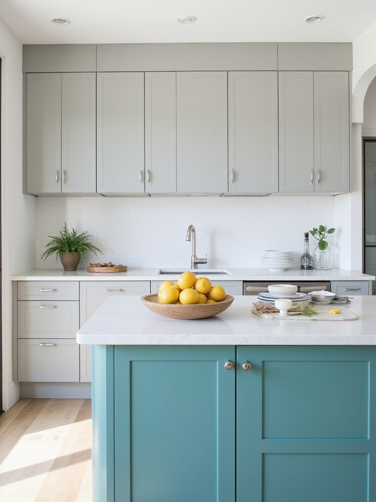 Teal kitchen island providing an unexpected color pop in a modern gray and white kitchen.