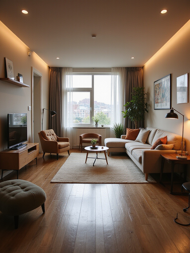 A modern apartment living room featuring furniture arranged for optimal flow and function, showing clear pathways and distinct zones.