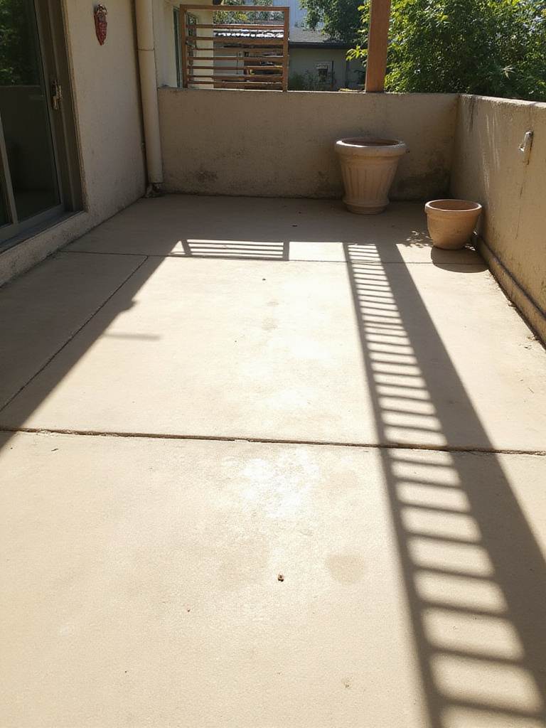 Bright sunlight casts sharp shadows across a concrete patio floor, illustrating how to assess sun exposure for patio gardening.