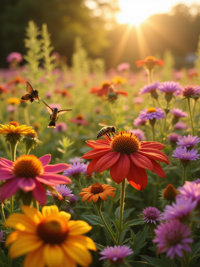 A vibrant pollinator garden buzzing with bees, butterflies, and a hummingbird.