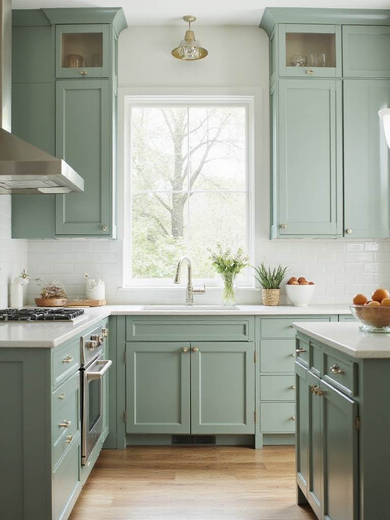 Stylish kitchen with sage green cabinets and white quartz countertop
