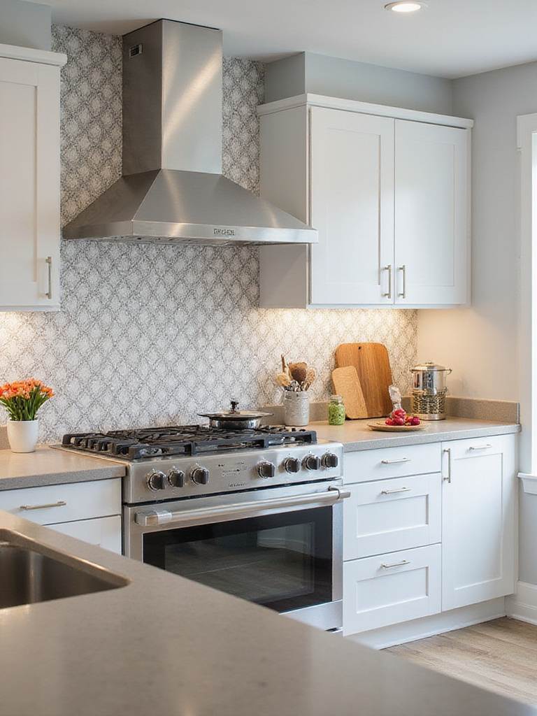 Modern kitchen with wallpaper that resists heat and steam