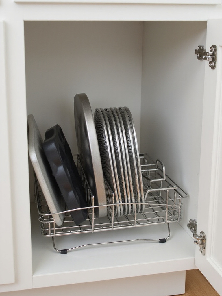 Open kitchen cabinet showing a wire bakeware organizer holding cooling racks, a muffin tin, and baking sheets upright.
