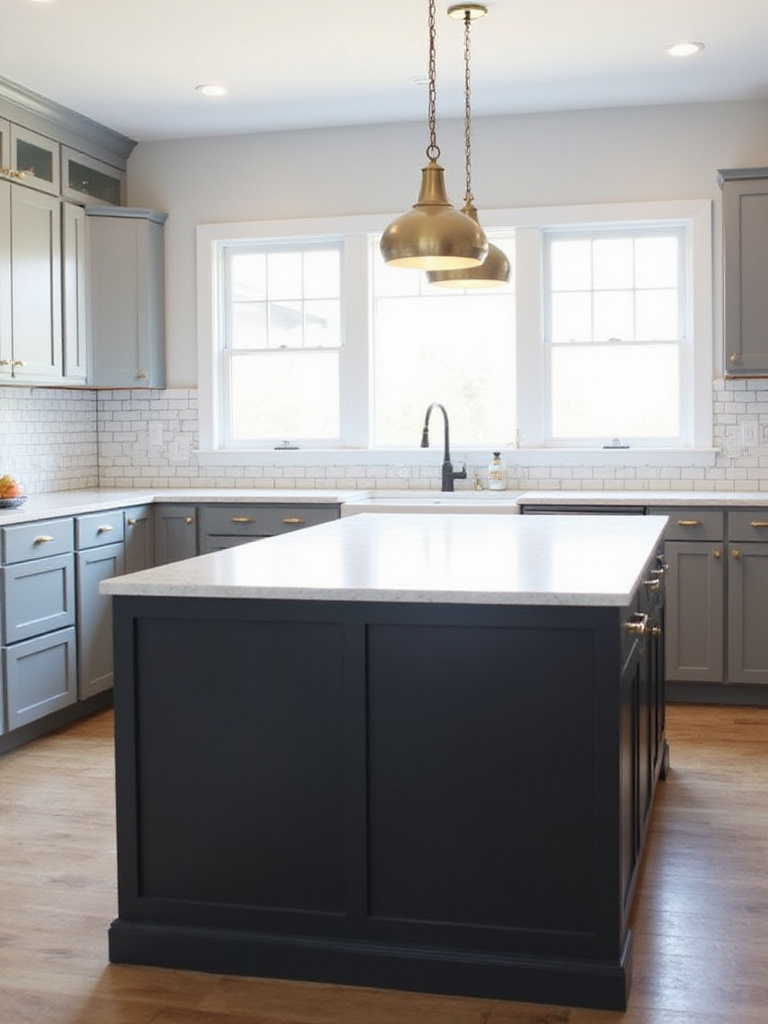 Modern kitchen with bold black island and white quartz countertop