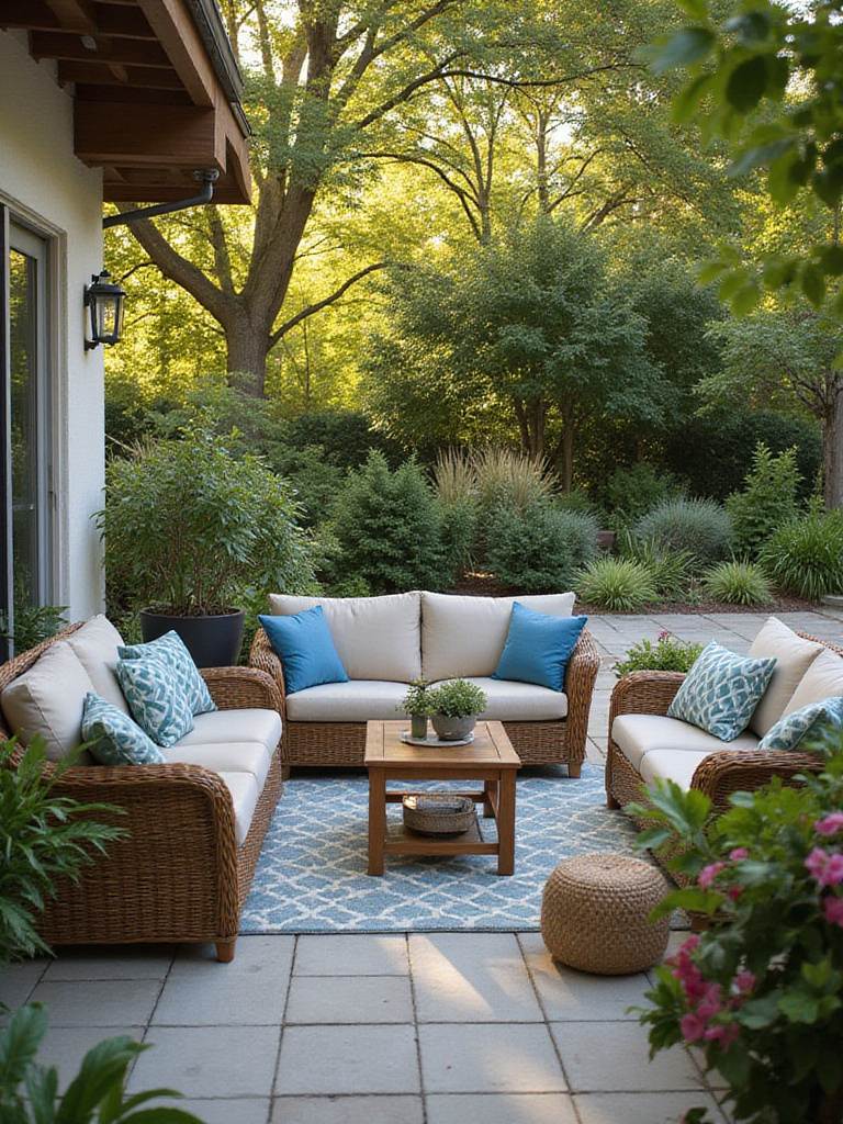 Outdoor wicker sofa and chairs on a patio covered in colorful, plush outdoor cushions and pillows, surrounded by green plants in warm sunlight.