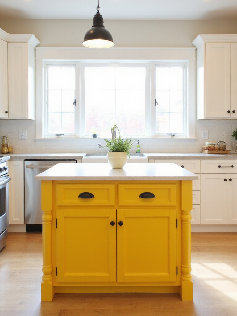 Sunny yellow kitchen island in a modern farmhouse kitchen