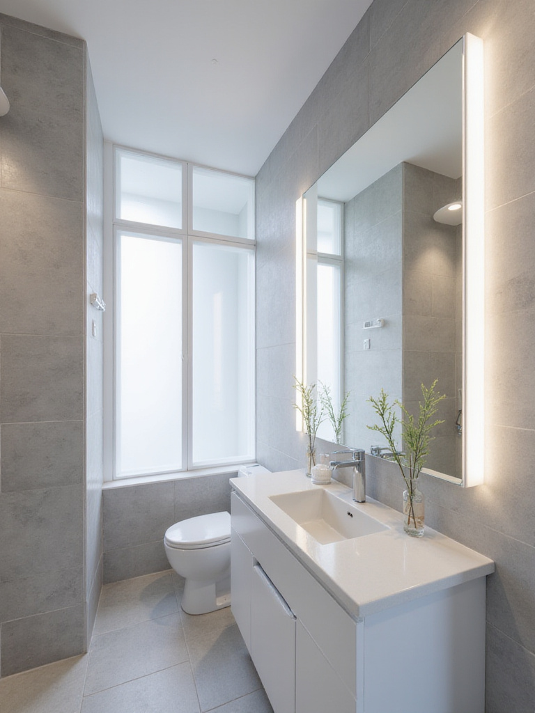 Small bathroom interior with layered lighting including recessed lights, vanity lights, and under-cabinet lighting.