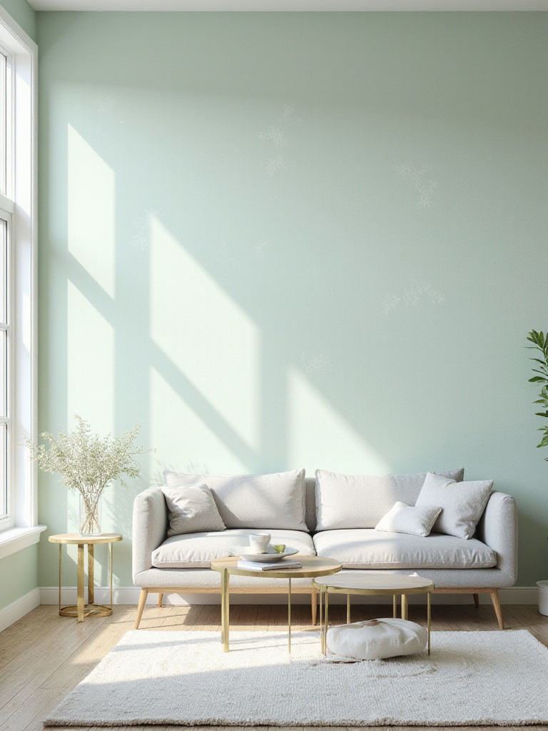 Bright living room with soft mint green floral wallpaper creating a serene and airy atmosphere. Features modern neutral furniture and natural light.