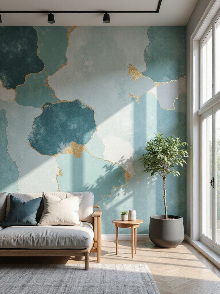 Contemporary living room with a feature wall covered in a blue, green, and gold abstract pattern wallpaper, creating a stunning artistic focal point.