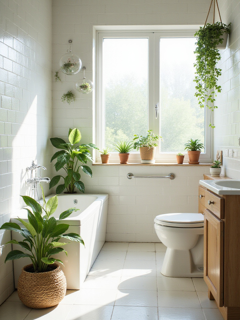 Modern bathroom interior design with various plants, including snake plant, pothos, and air plants, enhancing the natural and relaxing atmosphere.
