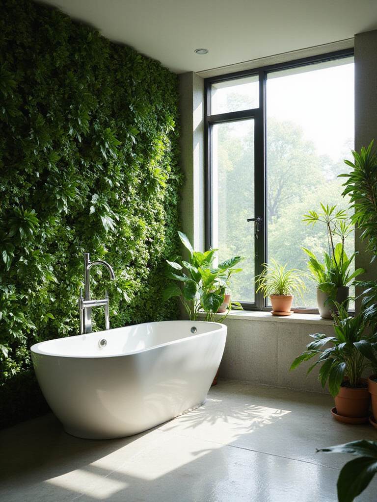 A modern spa-like bathroom featuring a full living wall and potted plants, creating a lush, nature-inspired oasis.