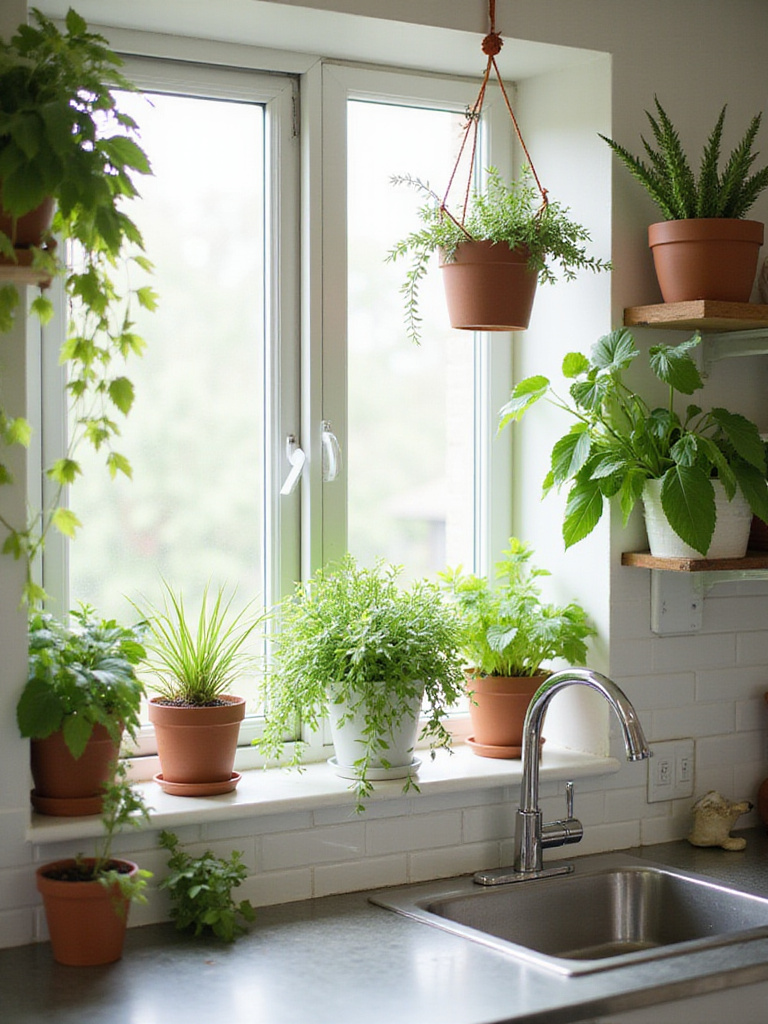 Small kitchen decorated with various potted plants and herbs placed on a windowsill, hanging from shelves, and on wall mounts to maximize space and add greenery.