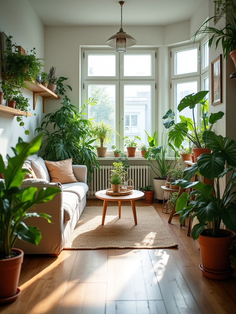 An inviting apartment living room decorated with numerous indoor plants on shelves, tables, and the floor, showcasing how greenery enhances a modern living space.