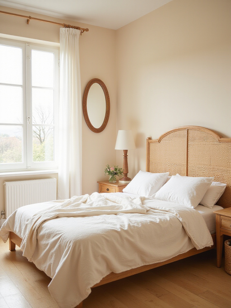 Beige bedroom with rattan headboard and wooden nightstands, creating a natural and calming retreat.