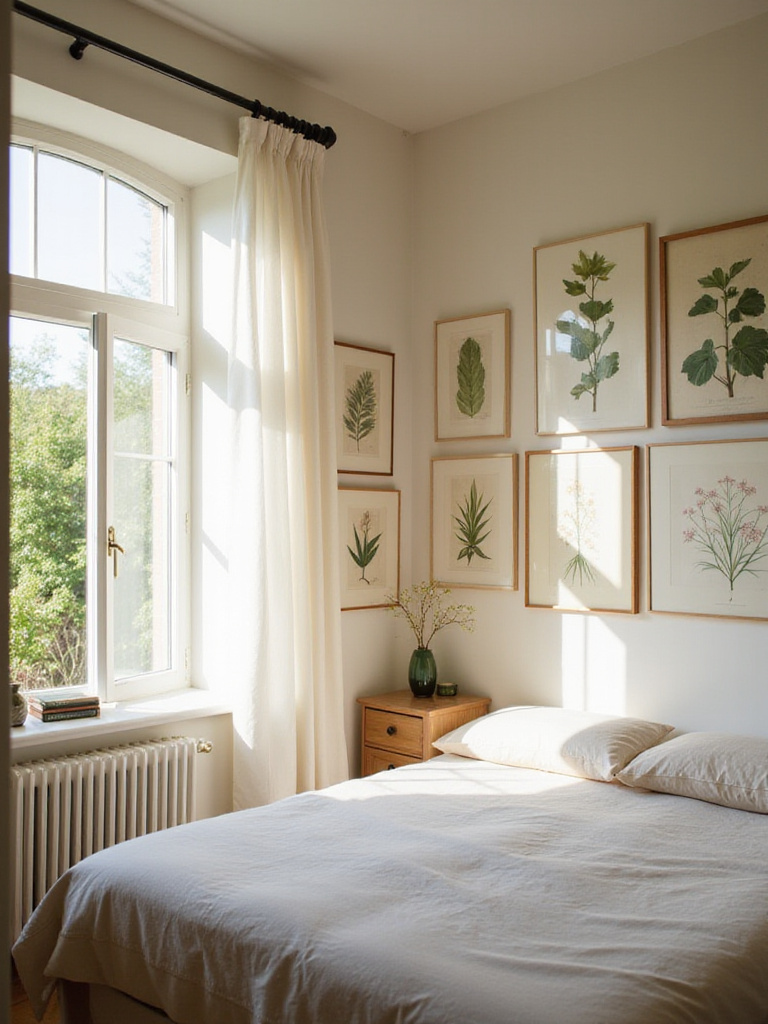 A bedroom wall decorated with a collection of framed botanical art prints in soft natural light.