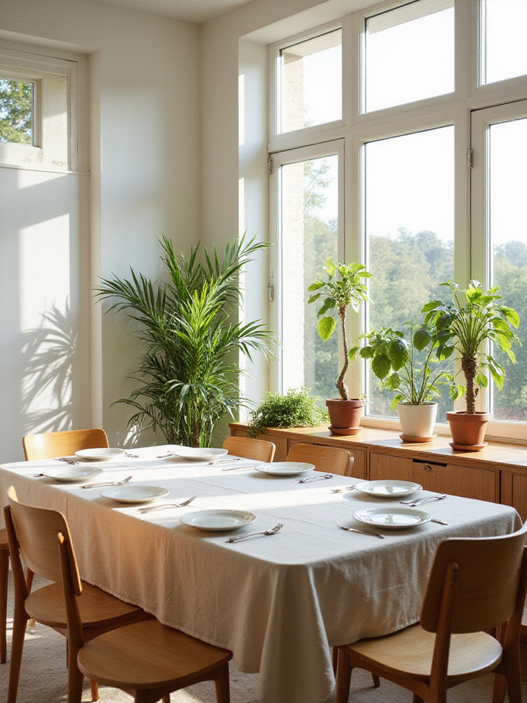 Dining room with natural light, plants, and wooden table