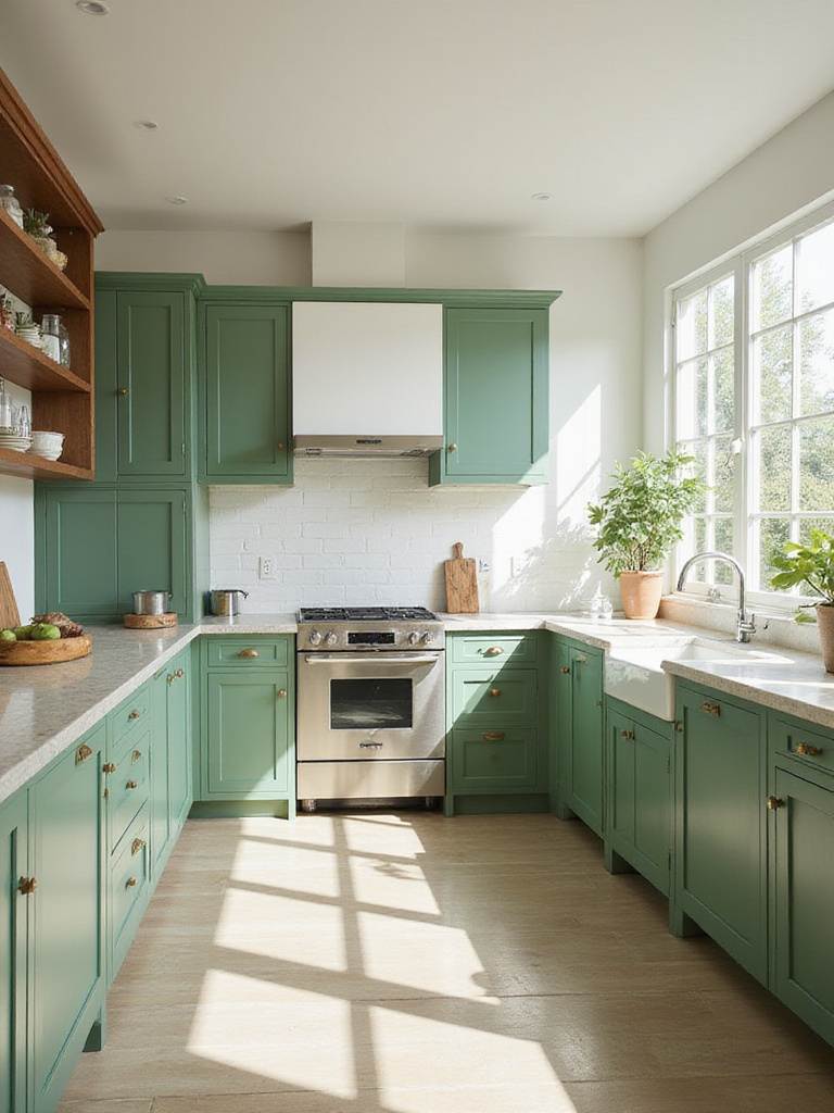 Bright kitchen featuring painted green cabinets and new green cabinets with natural light