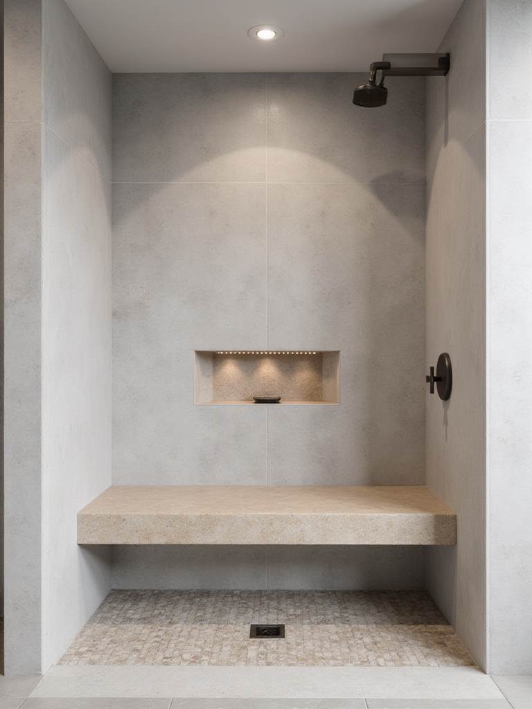 Luxurious walk-in shower with a built-in natural stone bench, large format grey tile walls, and mosaic floor.