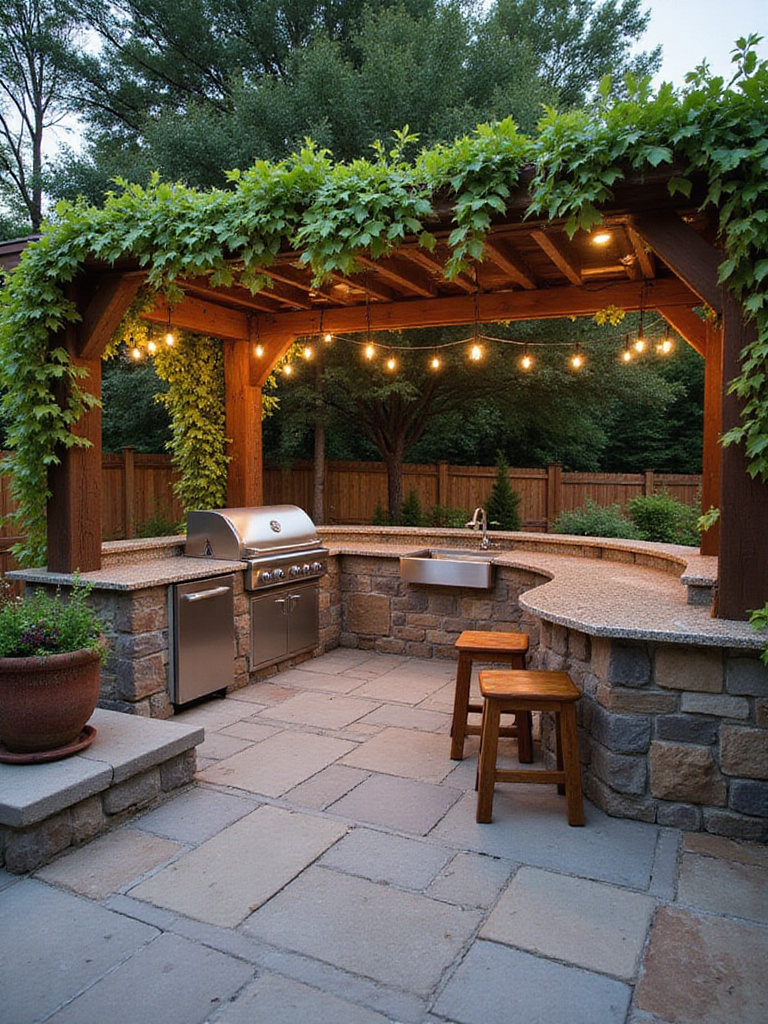 Luxury outdoor kitchen with grill, bar, and pergola.