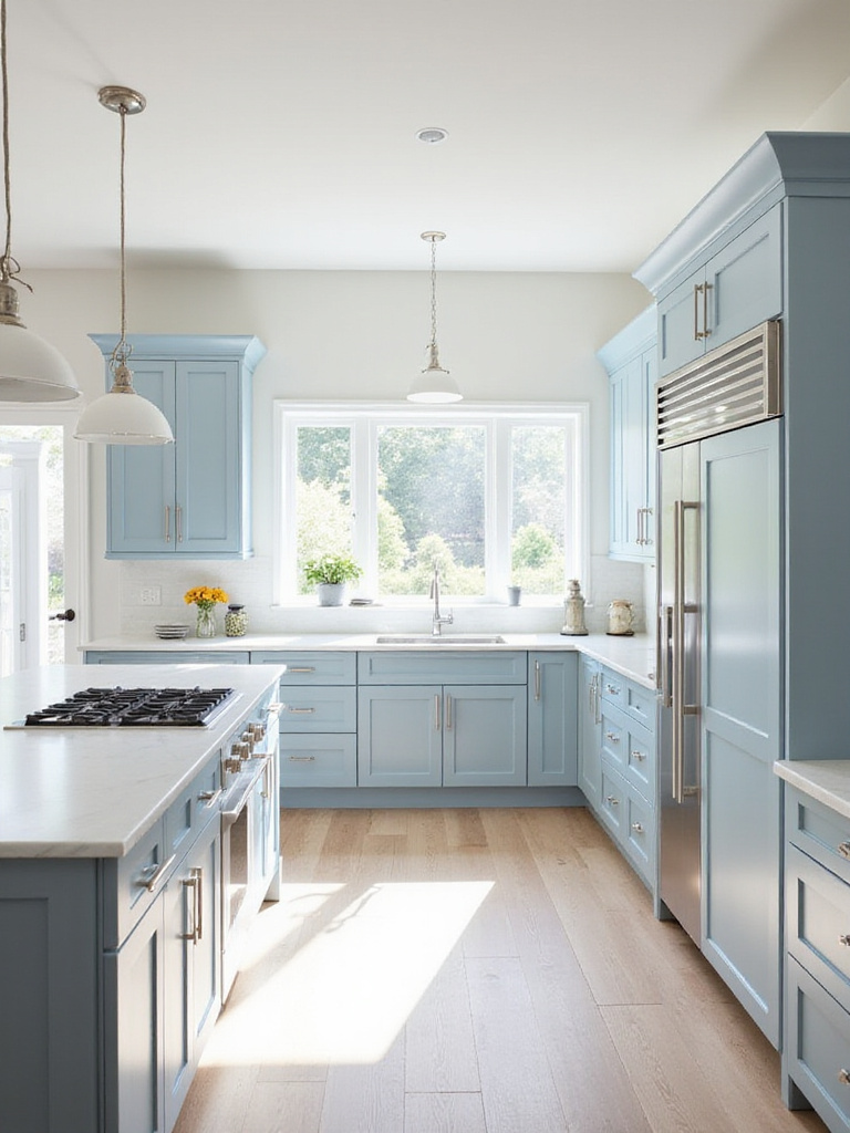 A calm kitchen featuring soft powder blue shaker cabinets, a white island, and natural light.