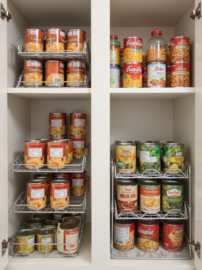 Interior of a kitchen pantry cabinet showing shelves organized with wire can dispensers and stackers holding various canned goods.