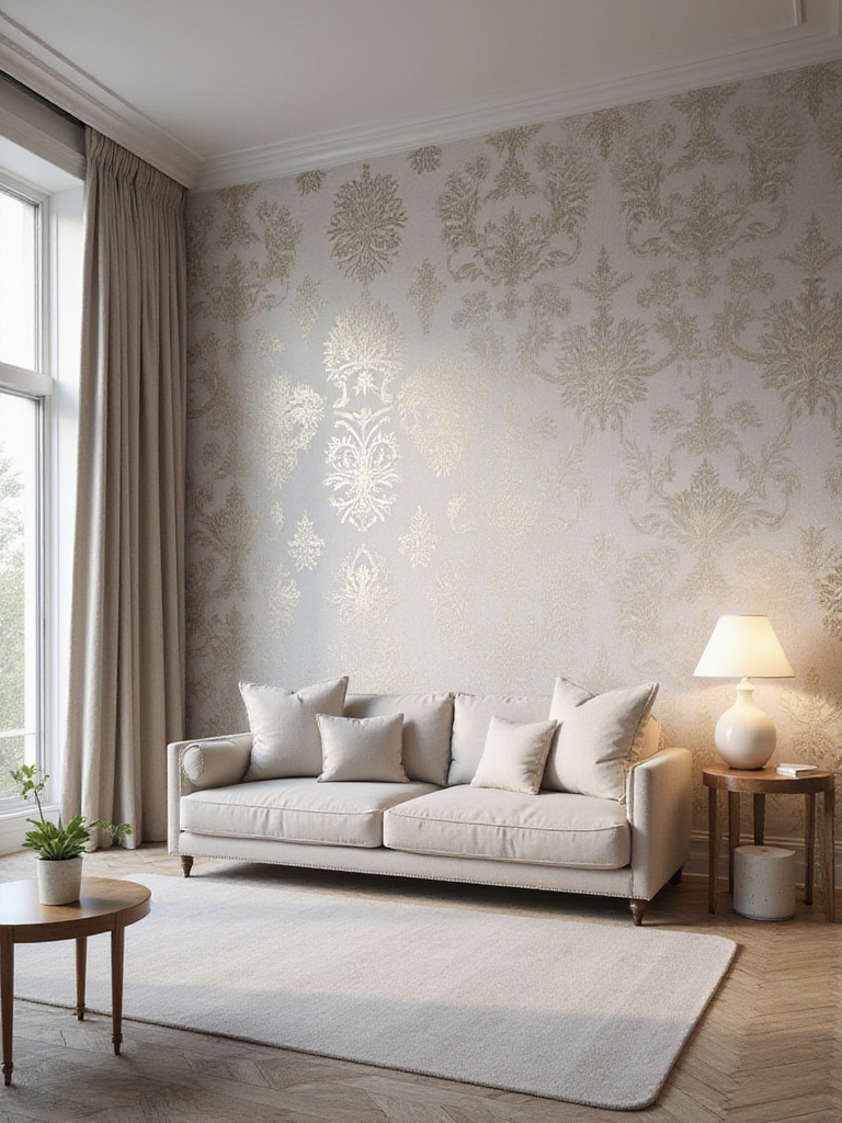 Elegant living room wall with classic tone-on-tone Damask pattern wallpaper in a soft grey.