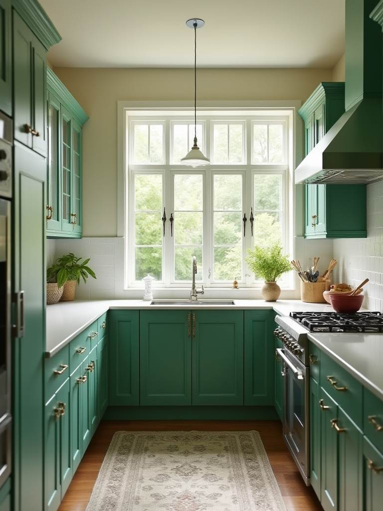A well-lit kitchen with green cabinets showcasing the perfect shade matching the natural light.