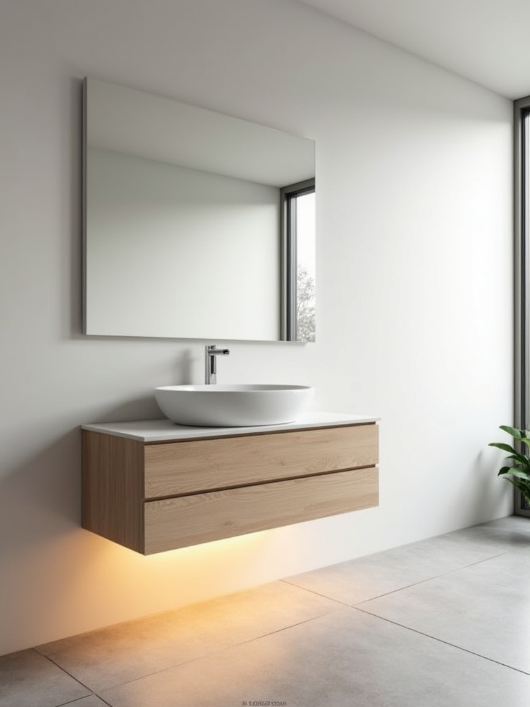 Small bathroom with light wood floating vanity and under-cabinet LED lighting.
