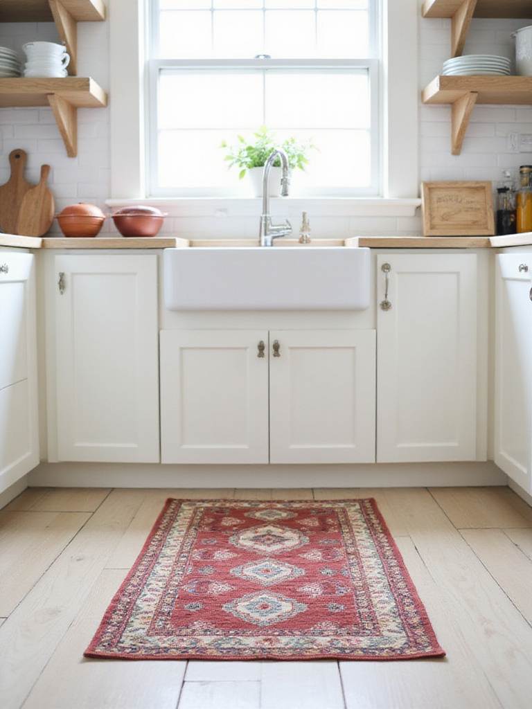A colorful patterned runner rug placed on light tile flooring in front of a modern kitchen sink, adding warmth and style.