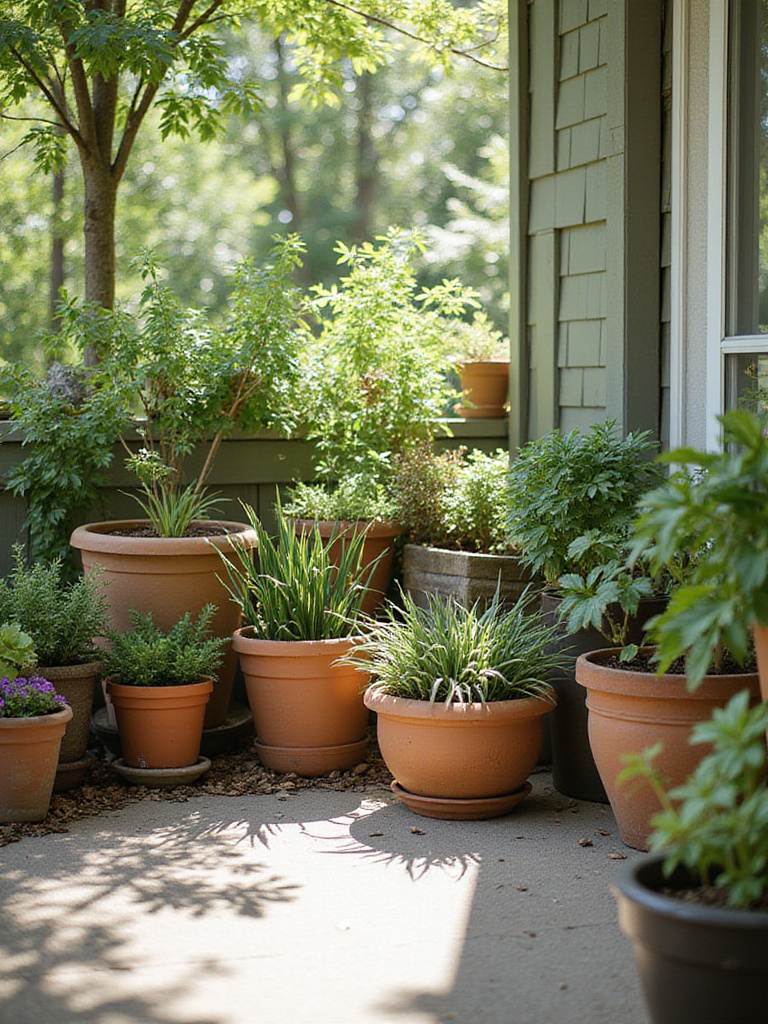 A patio corner featuring various potted plants in different sized containers, including terracotta, plastic, and wood pots, some elevated for drainage. The scene illustrates the importance of choosing the right container size and ensuring proper drainage for patio gardening.