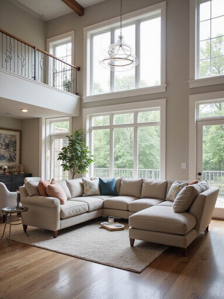 Spacious living room with large, well-scaled sectional sofa, optimizing comfort and fitting room dimensions.