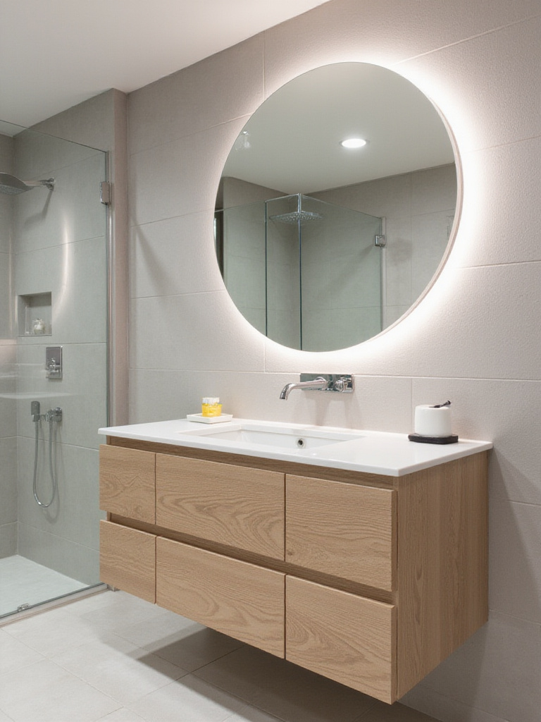Modern bathroom vanity with light wood cabinets and white quartz countertop.