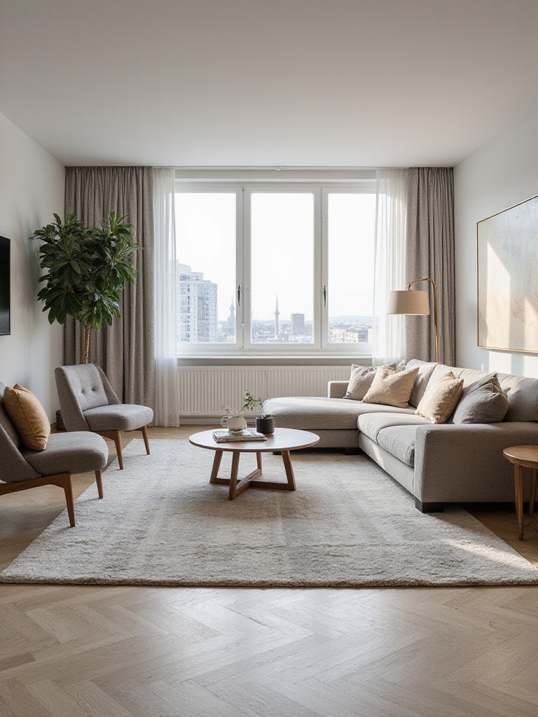 A modern apartment living room showing a large area rug anchoring a sofa and armchairs, defining the main seating area.