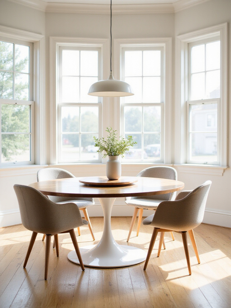 Modern dining room with round wooden pedestal table and upholstered chairs.