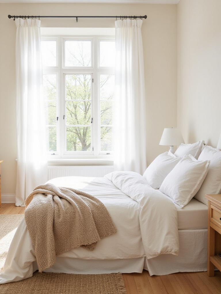 Beige bedroom with crisp white bedding and natural light.