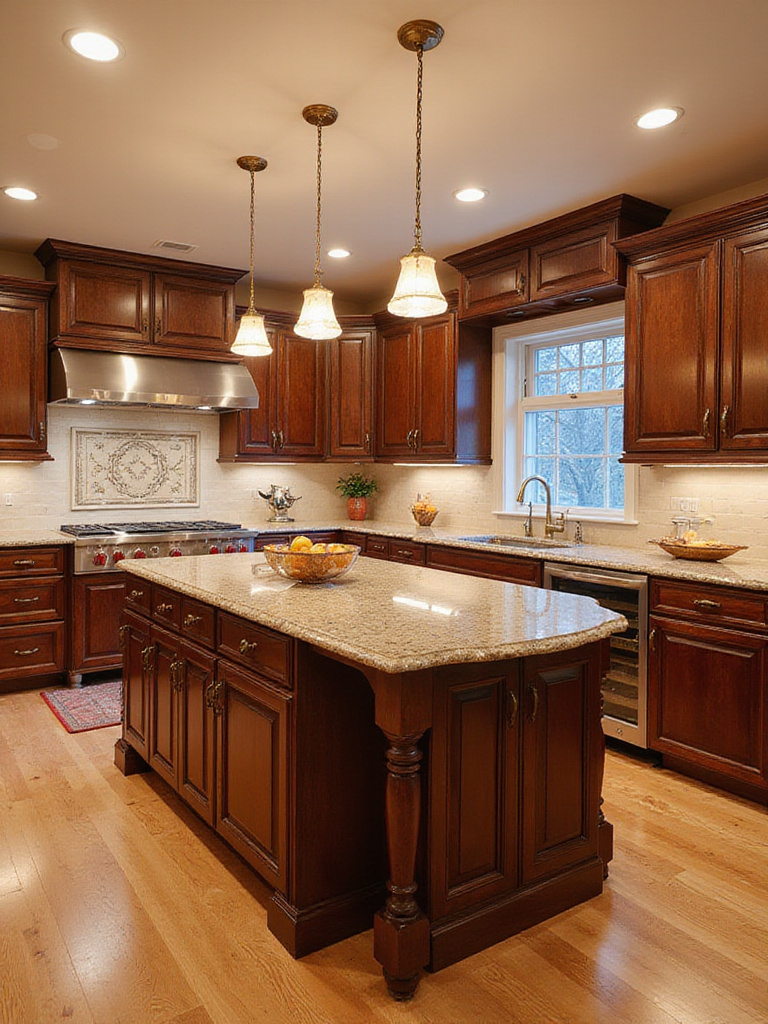 Traditional kitchen featuring rich dark cherry wood cabinets with light granite countertops and a subway tile backsplash.