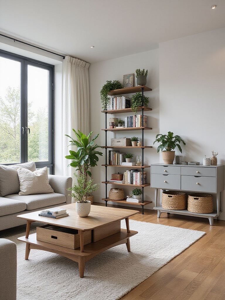 A well-organized apartment living room featuring clever storage solutions, including a tall bookshelf, storage coffee table, and decorative baskets, creating a clutter-free and stylish space.