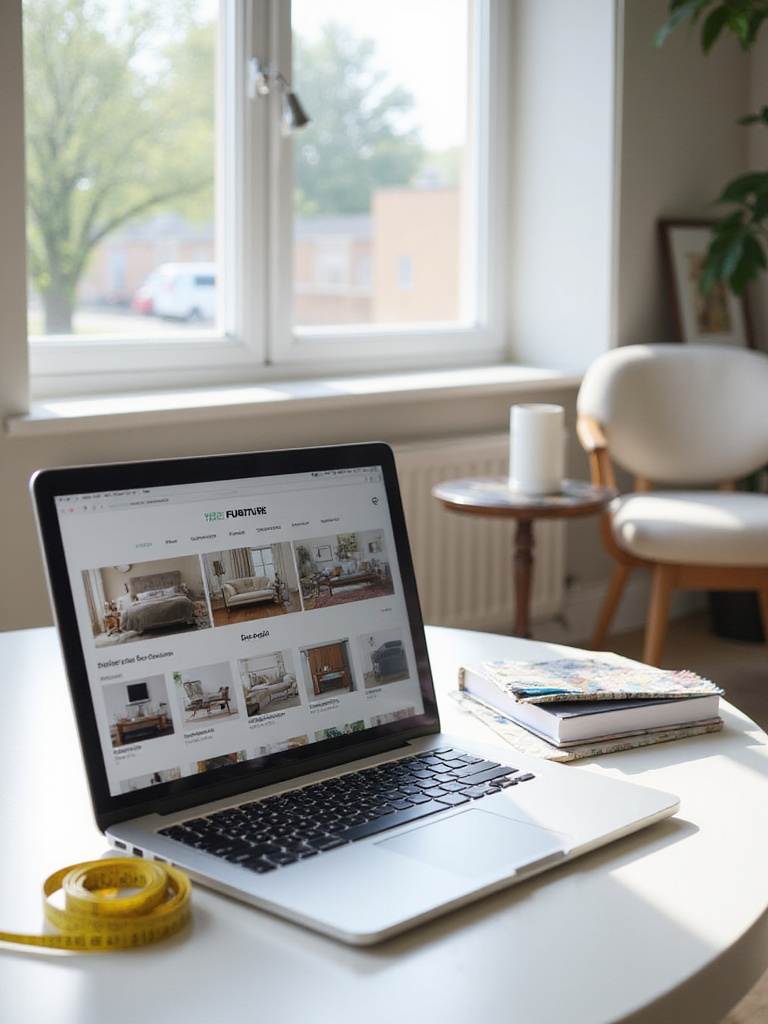 Comparing online furniture websites on a laptop screen with viewing physical furniture in a showroom setting.