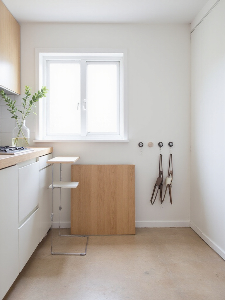 A small, modern kitchen showing a wall-mounted drop-leaf table folded up and foldable chairs hanging on hooks, illustrating space-saving decor ideas.