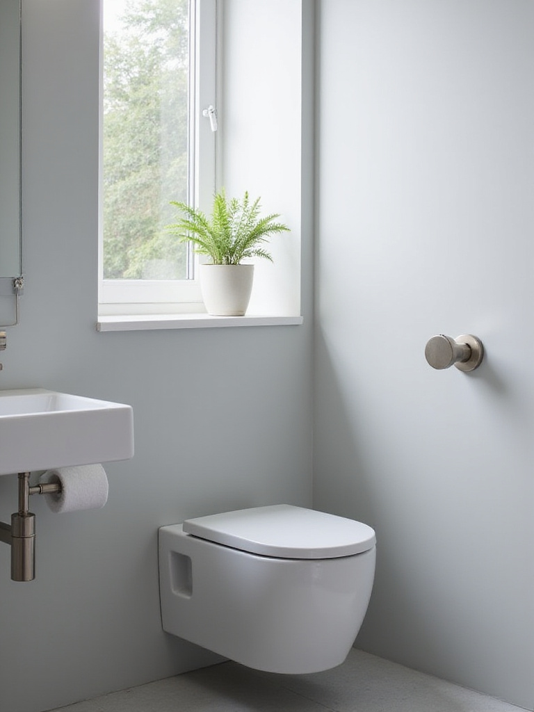 Modern bathroom featuring water-saving dual-flush toilet and aerated faucet