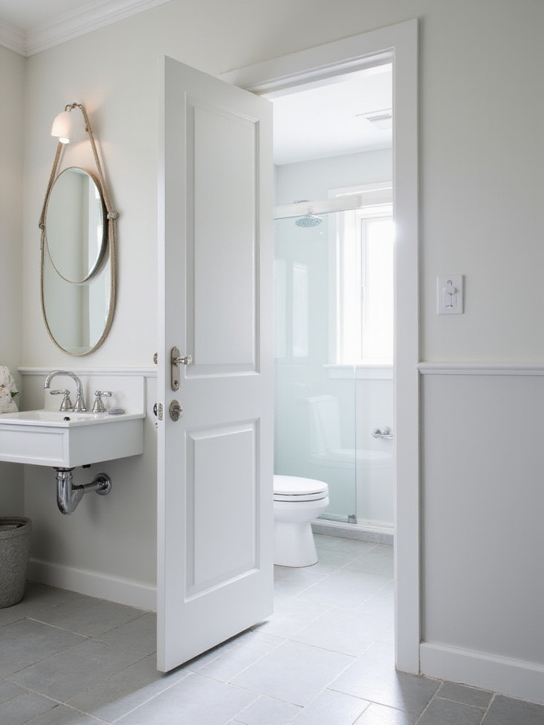 Small bathroom featuring a space-saving pocket door.