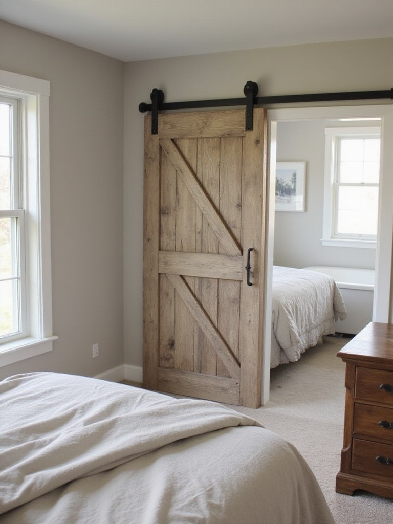 Sliding distressed wood barn door in a cozy farmhouse bedroom, used for a closet or bathroom.