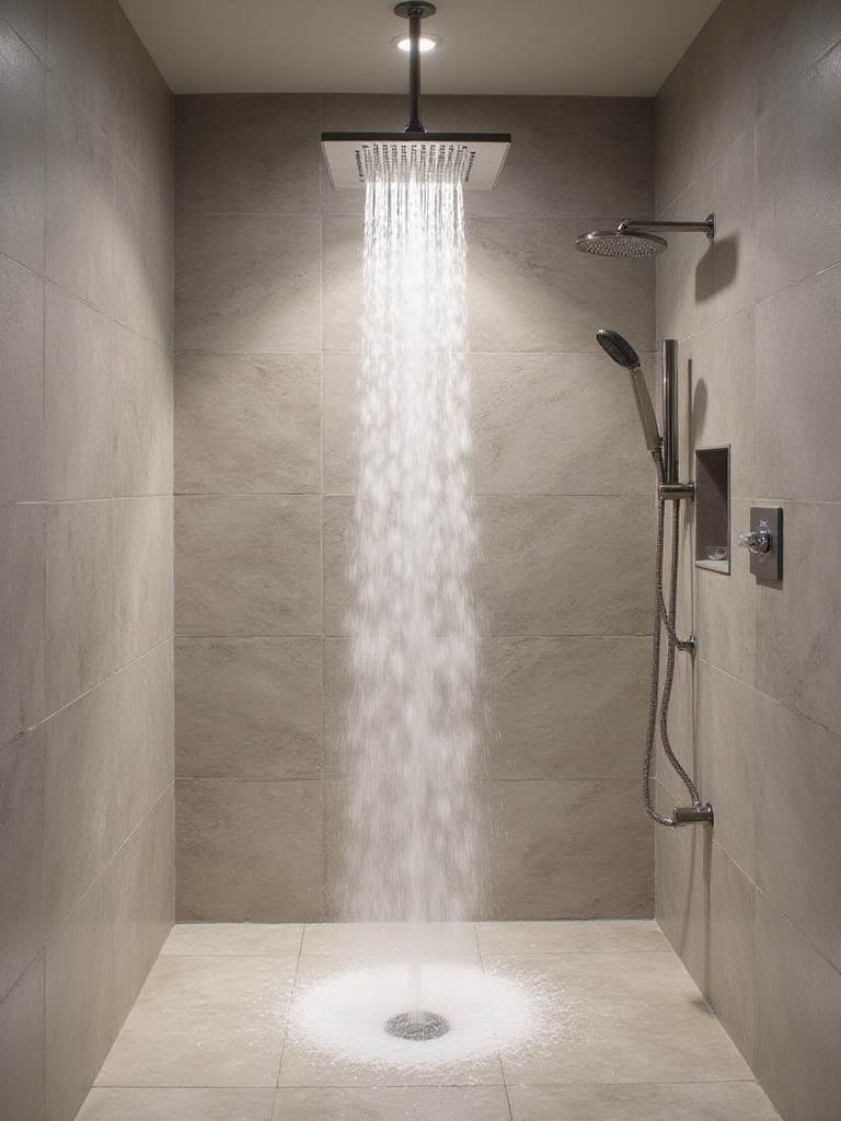 Luxurious bathroom shower with a wide, cascading waterfall shower head and natural stone tiles.